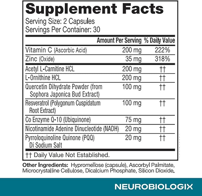 Neurobiologix Mito Cell PQQ Energy &amp Focus Supplement with CoQ10 Vitamin C NADH Acetyl L Carnitine &amp Antioxidants for Cellular Health &amp Mitochondrial Support Promotes Overall Wellness