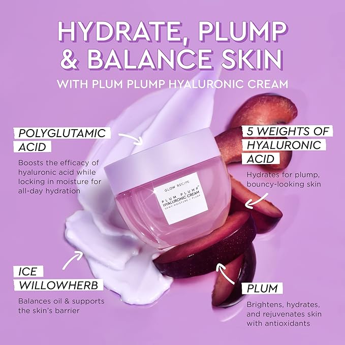 Glow Recipe Plum Plump Hyaluronic Acid Face Cream Refill - Hydrating Firming &amp Plumping Facial Moisturizer for Women &amp Men - Korean Skin Care with Polyglutamic Peptides for Dry Skin Wrinkles