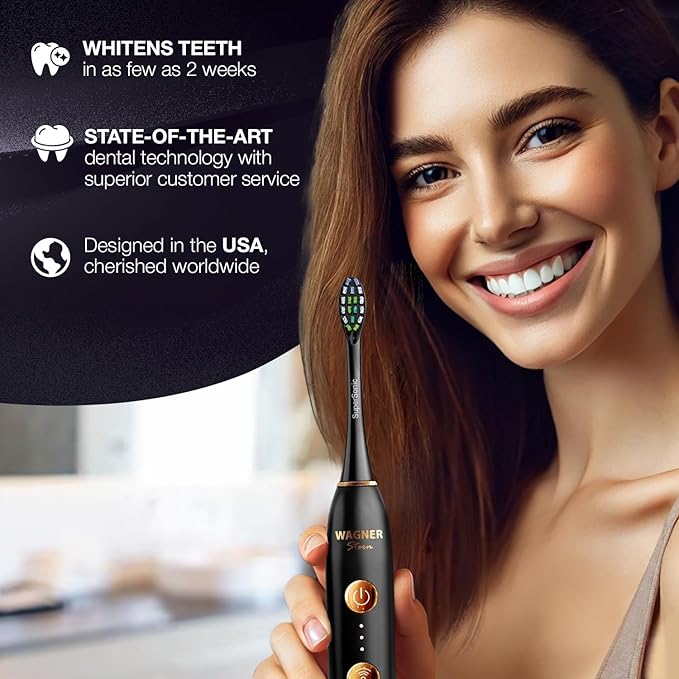 Wagner Stern WHITEN+ Edition. Whitening Electric Toothbrush with Pressure Sensor. Offers 5 Brushing Modes 3 intensities 8 Soft Brush Heads and a Luxury Travel case.