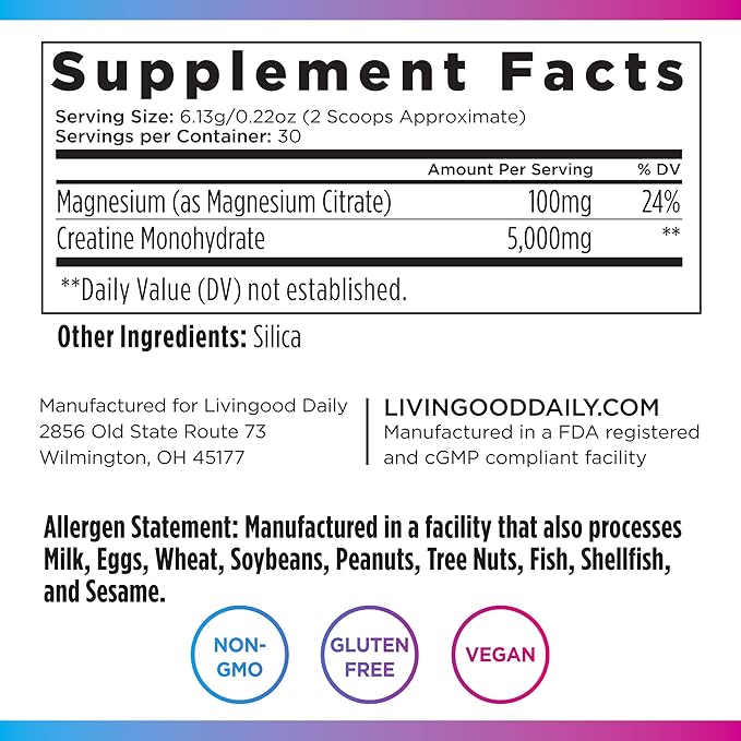 Livingood Daily Creatine + Magnesium Powder Unflavored | 5g Micronized Creatine Monohydrate with Magnesium for Energy Muscle Recovery &amp Performance | 30 Servings
