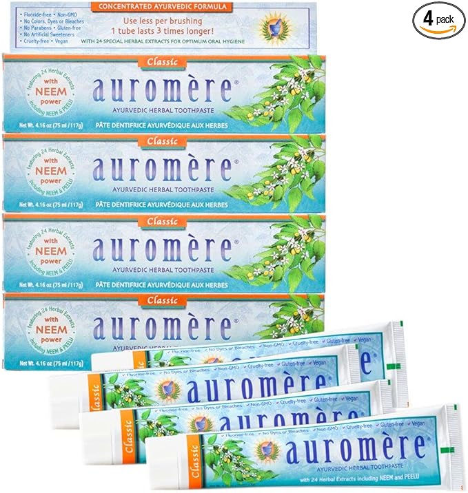 Auromere Ayurvedic Herbal Toothpaste Classic Licorice Flavor - Vegan Natural Non GMO Fluoride Free Gluten Free with Neem &amp Peelu (4.16 oz) 4 Pack