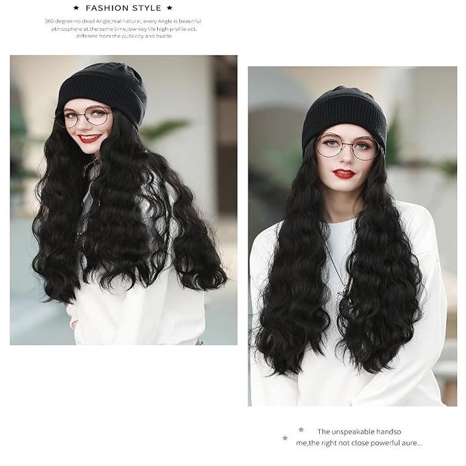 Women Winter Beanie Hat Wig Knit with Long Straight/Wig Wavy Curly Hair Wig Attached 23.6 Inch Synthetic Hairpiece