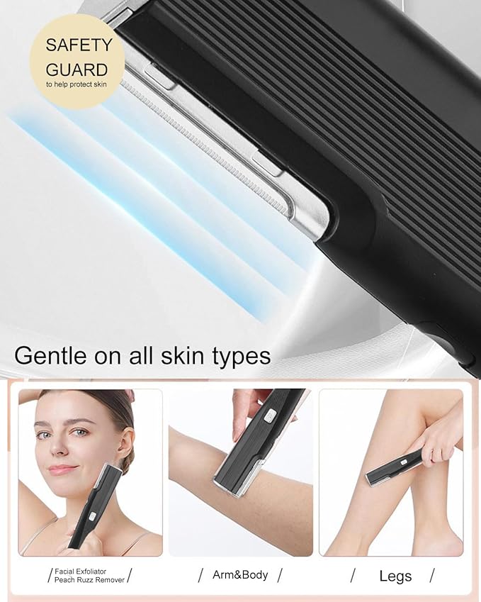 Electric Facial Exfoliator for Women 2 Speed Vibrate Dermaplaning Face Razor for Peach FuzzExfoliation &amp Body Hair Removal with 6 Replace Blades - Safety Micro-Guards (Black)
