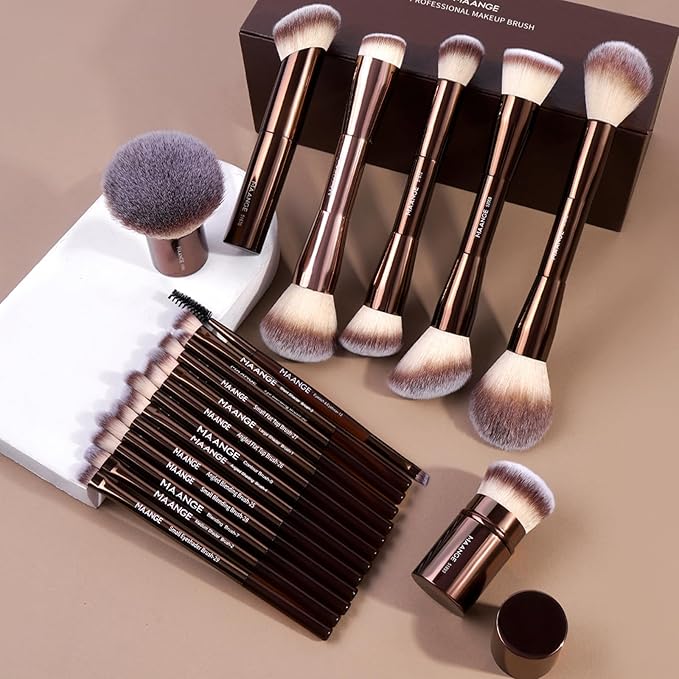 MAANGE 20 Pcs Makeup Brushes with Gift Box Double-End Multi-functional Makeup Brushes for Blending Liquid Powder Concealer Cream Blush BuffeCoffeeBrown