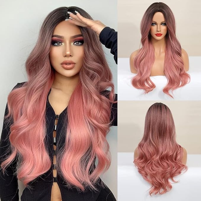 Black to Pink Wavy Wigs Human Hair Mixed Synthetic Long Curly Breathable Lightweight Middle Part No Lace for Daily Cosplay Party