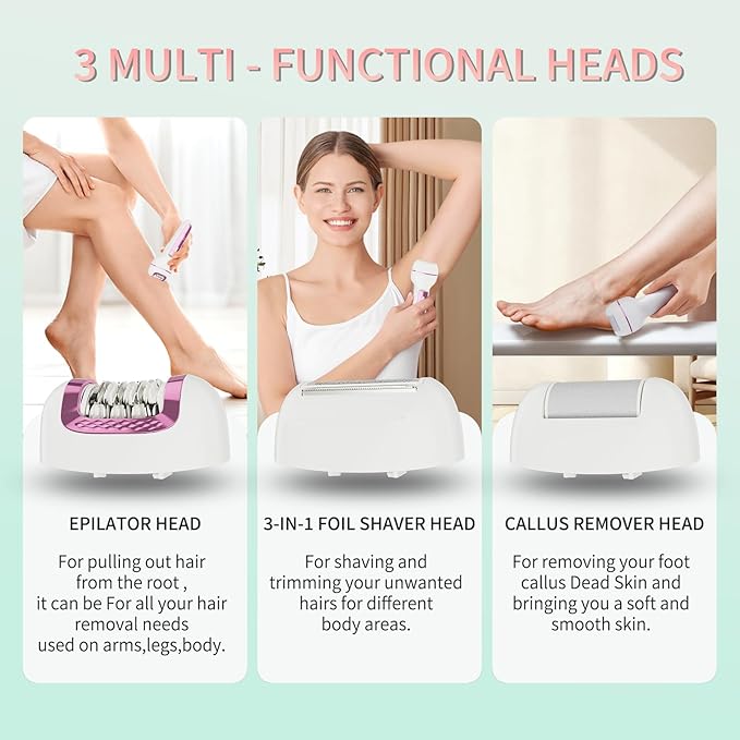 Epilator for Women 3-in-1 Epilator Body Hair Removal DeviceWet/Dry Waterproof Cordless Rechargeable Electric Trimmer &amp Shaver &amp Callus Remover for Women &amp Men 606 Pink