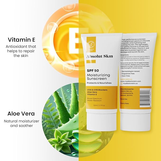 AbsolutSkin SPF 50 Moisturizing Sunscreen ? Lightweight Daily Face Sunscreen with Aloe &amp Vitamin E ? No White Cast ? 60ml