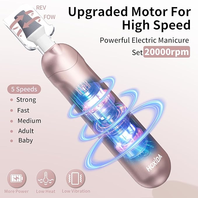 Cordless Electric Nail File Set Rechargeable Pedicure Tools for feet Professional Manicure Pedicure Kit 5 Speeds Hand Foot Care Nail Drill for Thick Nail Toenail Cuticle Women Men Pets