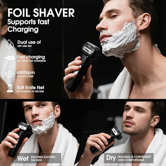 DSP Electric Shavers for Men IPX6 Waterproof Type-C Rechargeable Shaver 4-Blade Cutting System Electric Foil Shaver Travel Lock (Black)