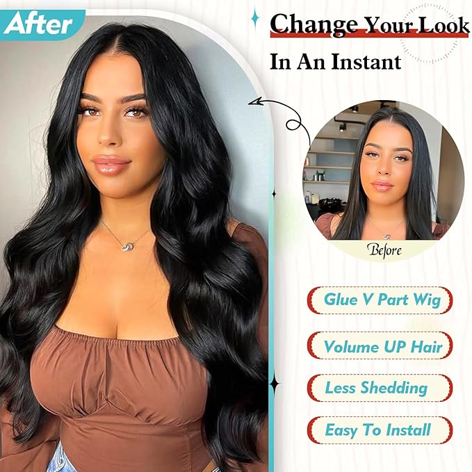 KRSI Black V Part Wig 24 Long Body Wave Synthetic U V Part Half Wigs Glueless Upgrade U Part Wig Glueless Full Head Clip in Hair Extensions for Black Women