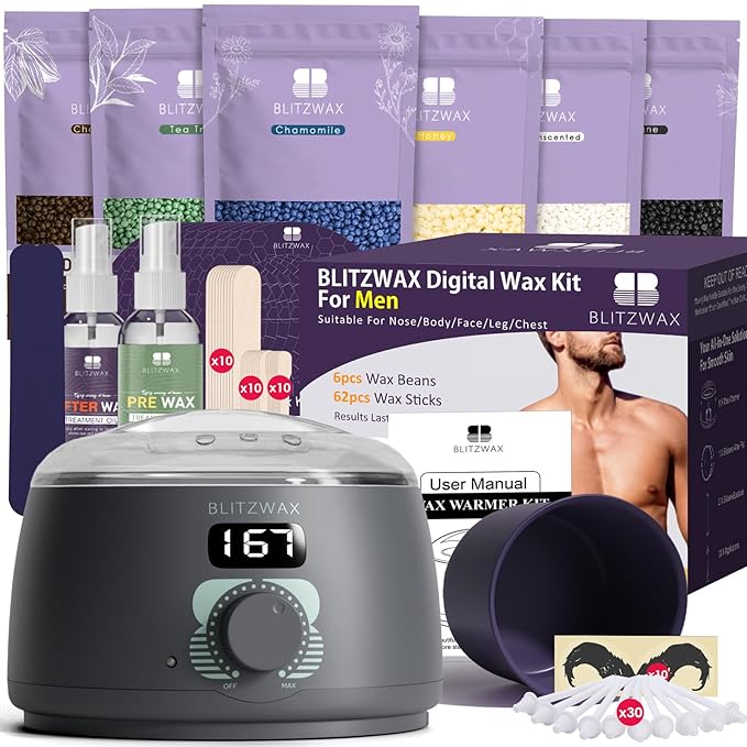 BLITZWAX Back and Nose Waxing Kit for Men Hard Wax Warmer for Brazilian Body and Face At Home Hair Removal Kit Beginner Friendly Quick Heating 93 Accessories Charcoal Grey
