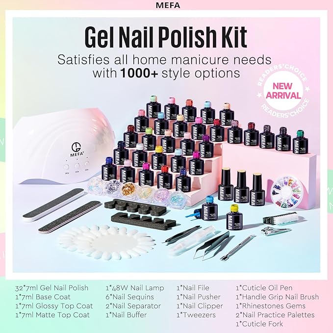 MEFA 56 Pcs Gel Nail Polish Kit with U V Light 32 Colors Hot Pink Colorful Gel Nail Kit Glitter nail Polish Set Nail Art Decorations Manicure Tools DIY Gifts