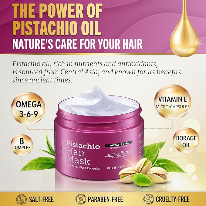 Jenoris Pistachio Hair Mask for Dry Damaged Hair ? Deep Conditioning Hair Mask Treatment with Pistachio Oil &amp Vitamin E For Color-Treated Hair For Hair Repair Paraben &amp Salt Free 10.14 Fl