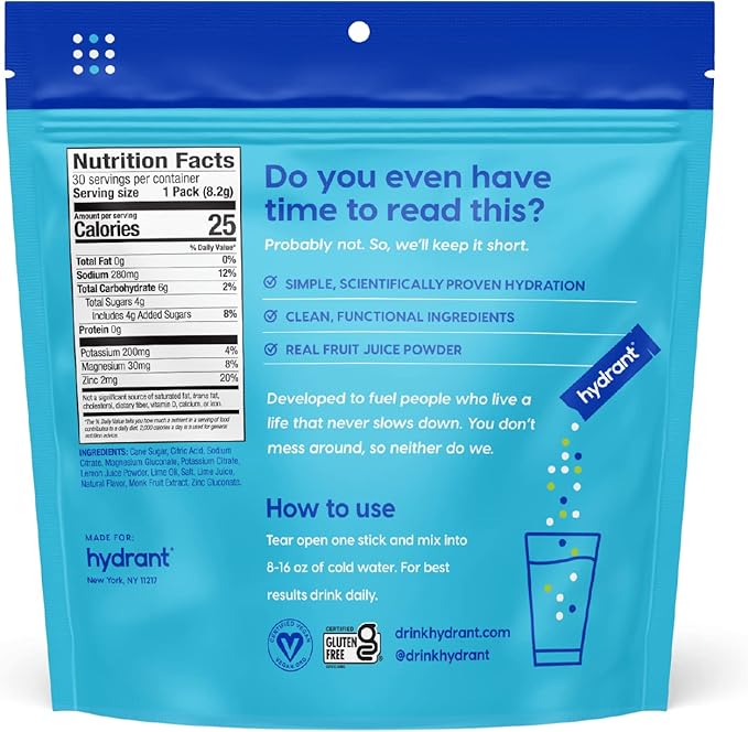 Hydrant Hydrate Individual Hydration Electrolyte Powder Stick Packets with No Artificial Sweeteners Colors or Fillers (Lemon Lime 30 Pack)