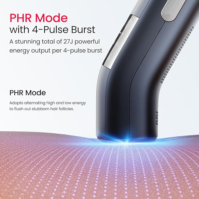 Dual Lights 100W Quadruple-Pulse IPL Laser Hair Removal Comfort 16.6 cm² Sapphire Ice-Cooling 35°F PHR Mode for Stubborn Hair Effective Hair Removal Device for Women and Men (Blue Grey)