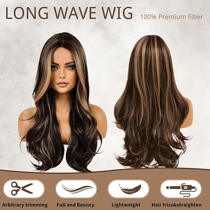 Haoland Brown Blonde Highlight Wigs for Women 26 Inch Long Curly Synthetic Wigs Middle Part Blonde Highlights Hair Wigs Loose Wavy wig Heat Resistant