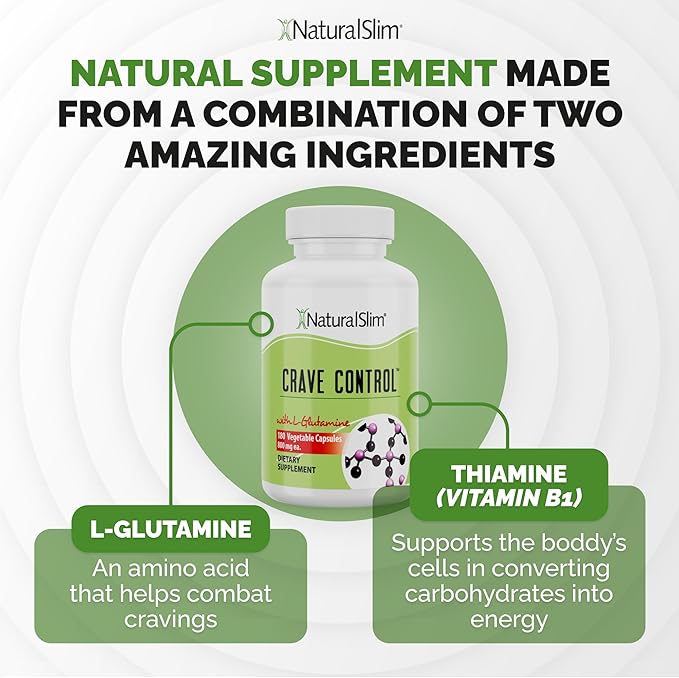 NaturalSlim Natural Appetite Suppressant - Craving Blocker Sugar &amp Refined Carbs Crave Control - Energy &amp Metabolism Booster with L Glutamine &amp Thiamine B1 Supplement - 180 Vegetable Capsu