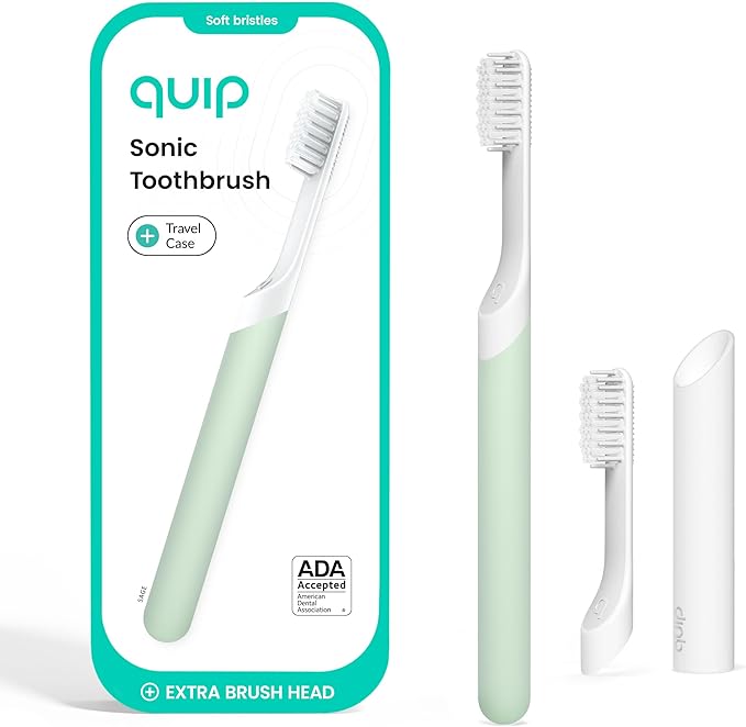 Quip Sonic Electric Toothbrush for Adults - Time Travel &amp Soft Bristles with Travel Case &amp Replacement Brush Head - 3 Month Battery Life Plastic Handle - Sage Green