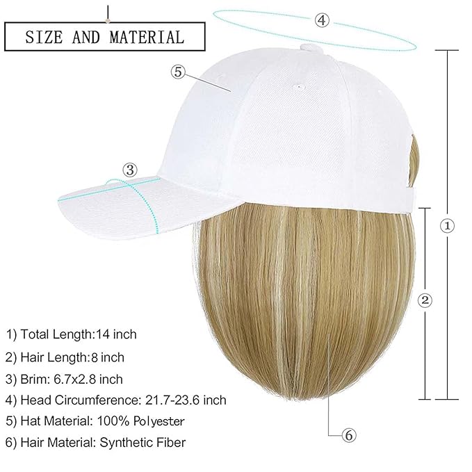 Woman Baseball Cap with Hair Extensions Straight Short Bob Hairstyle Adjustable Wig Hat 14inch Duck Tongue Hat Wig