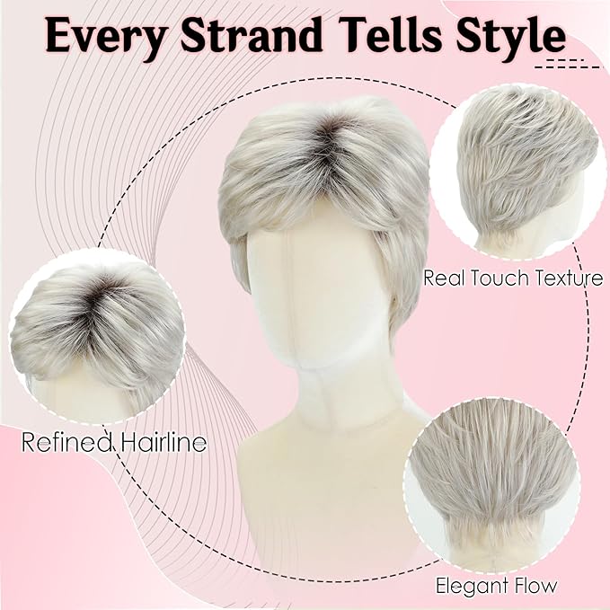 WIGYY Silver Grey Pixie Cut Wig for White Women Short Curly Synthetic Wig with Bangs Upgraded Glueless Cap Heat-Resistant Lightweight Wig for Older Women Daily Wear