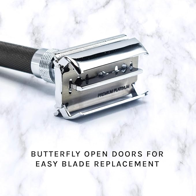 Parker 96R Graphite Gray Long Handle Butterfly Open Double Edge Safety Razor for Men 5 Parker Premium Platinum Double Edge Razor Blades Included