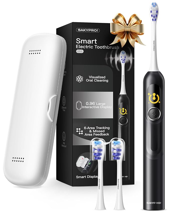 AI Electric Toothbrush with Smart Display for Adults Kids | 150-Day Rechargeable Toothbrush Real-Time Map |3-Min Timer Travel Case | Teens Sonic Toothbrush Gift (G5S Black)