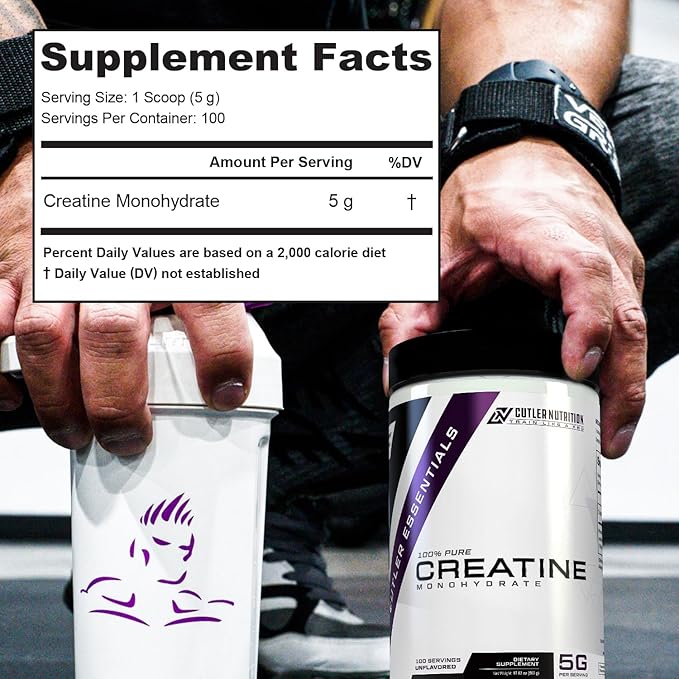 Cutler Nutrition Pure Creatine Monohydrate - 5g Per Serving - Premium Muscle Builder Enhances Strength Performance &amp Recovery - Unflavored for Easy Mixing (100 Servings)