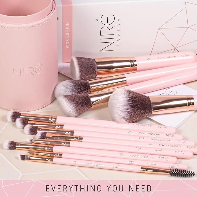 Nir? Beauty 15piece Award Winning Pink Makeup Brushes: Pink Makeup Brush Set with Case Makeup Sponge Brush Cleaner Guide Gift Box