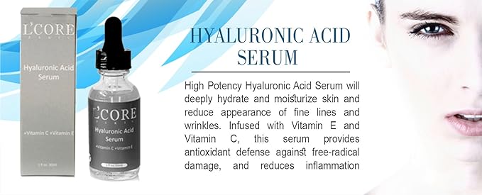 L'Core Paris Hyaluronic Acid Serum with Vitamin C &amp E - Absorbs Quickly for Maximum Skin Hydrating &amp Moisturizing Fights Acne Deep Wrinkles Redness Tightens Loose Skins - 30ml/1oz