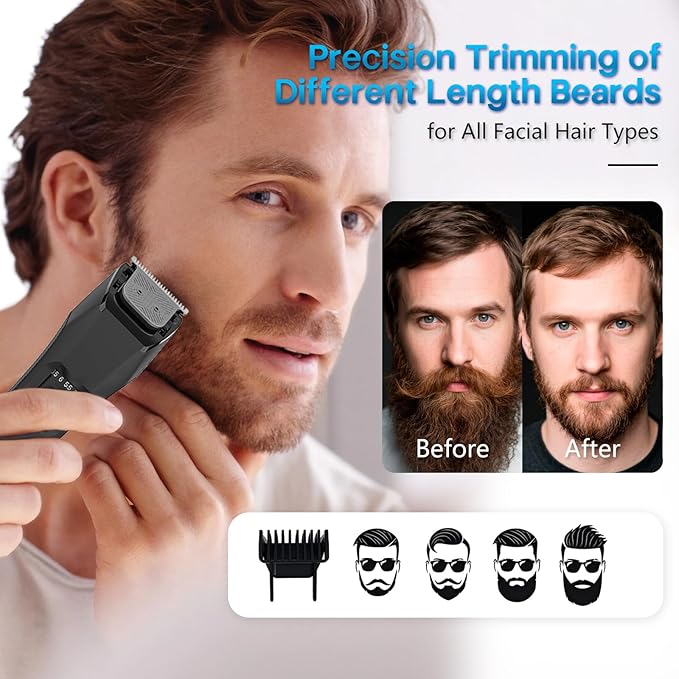 Beard Trimmer for Men 20 Length Adjustable Cordless Waterproof Clippers Stainless Steel T-Blade for Precision Facial Hair Trimming with 2 Guide Combs Travel Lock LED Display