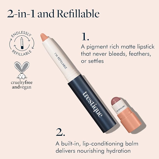 TRE'STIQUE trestique Matte Lip Crayon Matte Lipstick With Built-in Lip Gloss Balm 2-in-1 Lip Liner Set With Lip Crayon and Lip Balm Lipstick and Lip Gloss Kit (Pacific Peony Refillable)