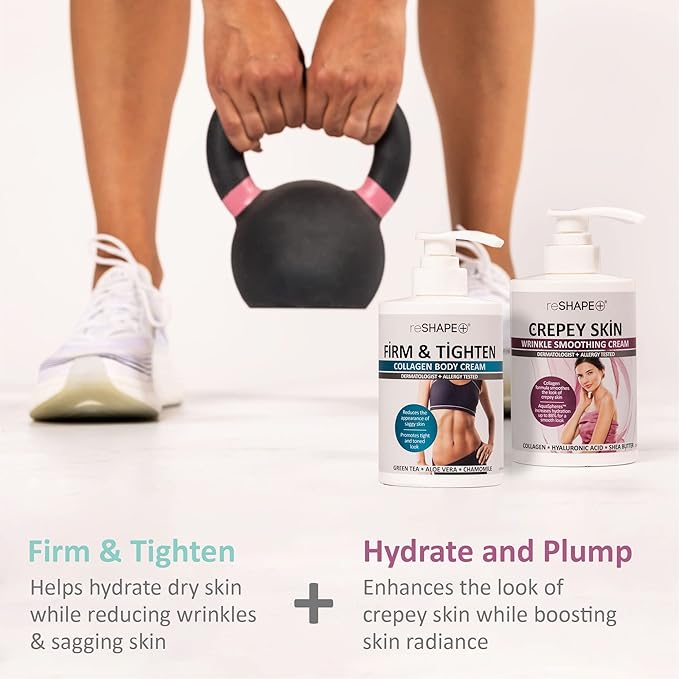 Reshape Collagen Body Cream + Crepey Skin Treatment Lotion Moisturizer Skin Care Set Crepey Skin Cream Targets Wrinkles &amp Sagging Skin While Collagen Hydrates + Tightens Skin 15 Fl Oz (Pack of 2
