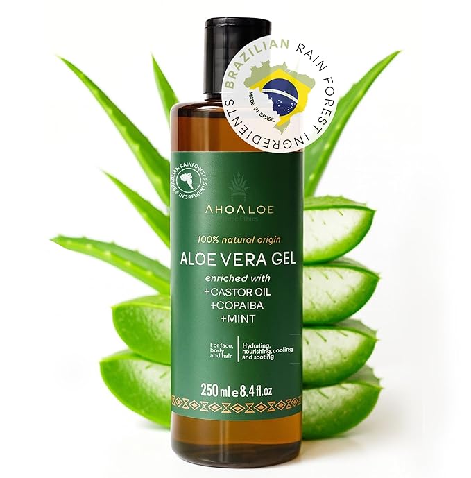 AHOALOE Brazilian Aloe Vera Gel - Multipurpose Moisturizing Natural Gel with Copaiba Castor Oil and Fresh Mint and Natural for Face Skin and Hair - After Sun Care Sunburn Relief 8.4oz