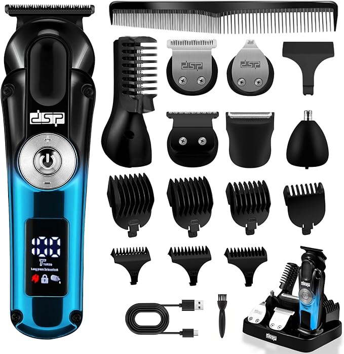 DSP Men's Grooming Kit Beard Trimmer for Men Nose Trimmer Body Trimmer Foil Shaver T-Blade Mustache Cordless Hair Trimmer IPX6 Waterproof2 Speeds Adjustable Gift for Men (Blue)