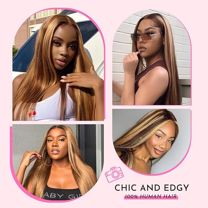 Honey Blonde Wig Human Hair Straight P4/27 Highlight Straight Lace Front Wig 26 Inch 180% Density- ?Premium Human Hair No Shedding 13x4 Lace Breathable Cap Perfect for Daily Wear &amp Styling
