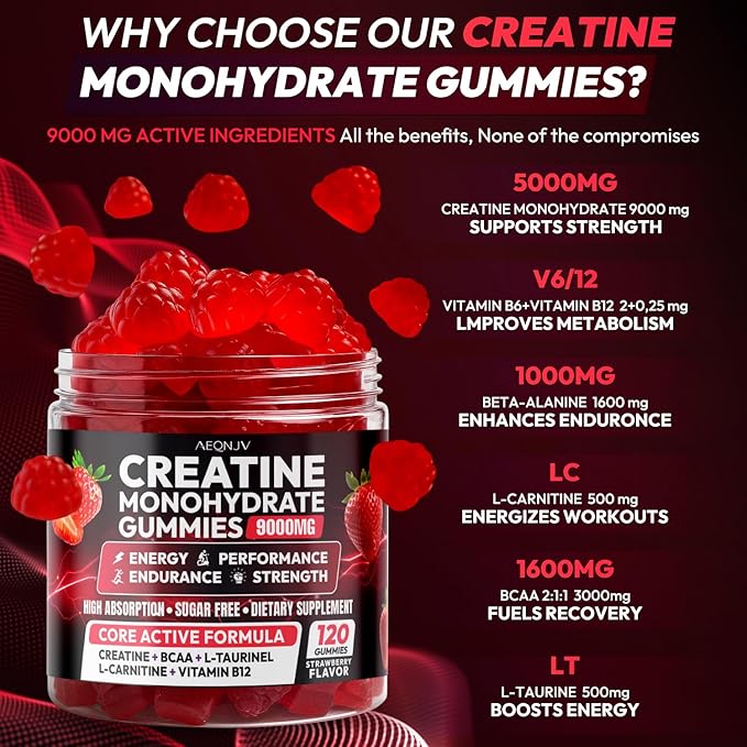 Creatine Gummies Monohydrate Complex 9000MG Chewable Creatine Monohydrate Gummies for Men &amp Women with L-Taurine BCAA 2:1 B12/6 Building Muscle Strength and Boost Focus 30 Days Supply
