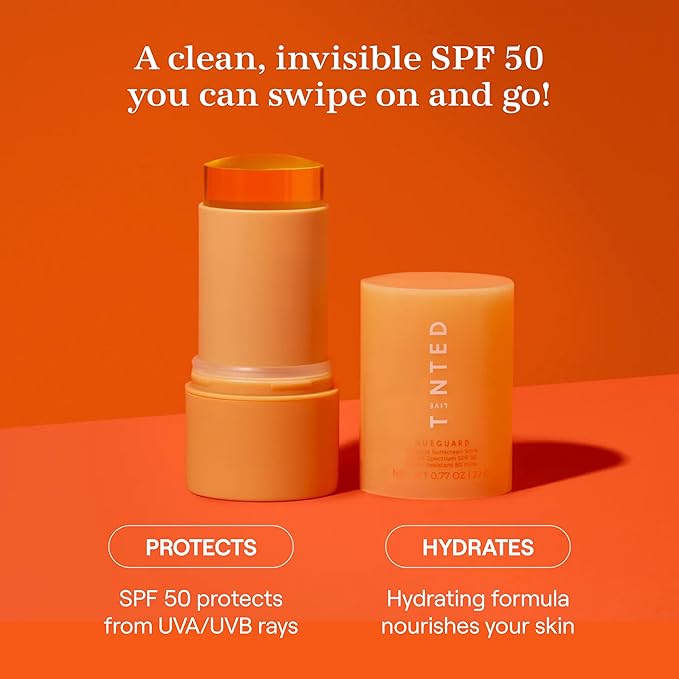 Live Tinted Hueguard Invisible Sunscreen Stick SPF 50: Waterproof Sweatproof Body and Face Sun screen Stick Roll On Sun Screen No White Cast &amp Hydrating Tinted Sunscreen Reef Friendly 0.77oz