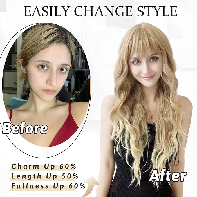 NAYOO Blonde Wigs with Bangs for Women Long Curly Wavy Hair Wigs Heat Resistant Synthetic Fiber Wigs for Daily Party Use 26 Inches (Blonde)
