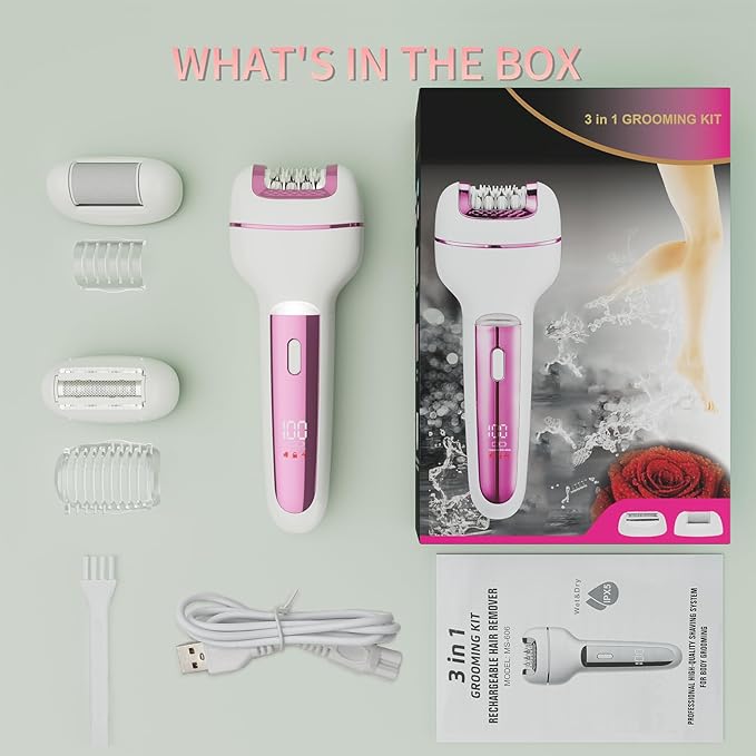 Epilator for Women 3-in-1 Epilator Body Hair Removal DeviceWet/Dry Waterproof Cordless Rechargeable Electric Trimmer &amp Shaver &amp Callus Remover for Women &amp Men 606 Pink