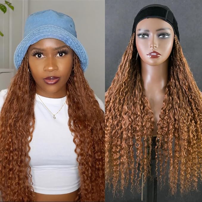 #30 Light Brown Braids Band Wig With Human Hair Curly Ends Boho Box Braids Head Band Wig Grab And Go Braided Hair Extensions For Women Color 30 20 Inch