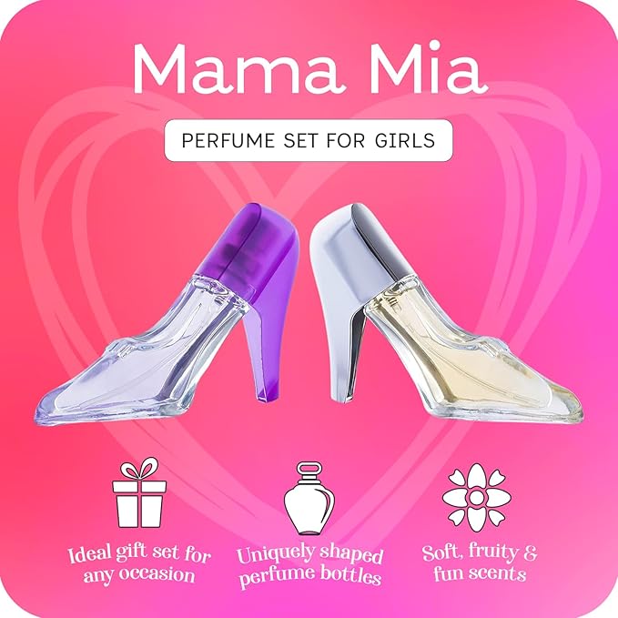Mama Mia Girls Perfume Gift Set ? 2 Stiletto-Shaped Body Spray Perfumes | Fruity &amp Fresh Scents for Tween &amp Teen Girls (Ages 10-14) | Gift-Ready Fashion Collection Body Mist for Kids &amp Tee