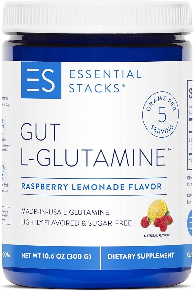 Essential Stacks Gut L-Glutamine Powder - Exclusively Made in USA - Pure L Glutamine Powder for Gut Health (50 Servings Raspberry Lemonade)