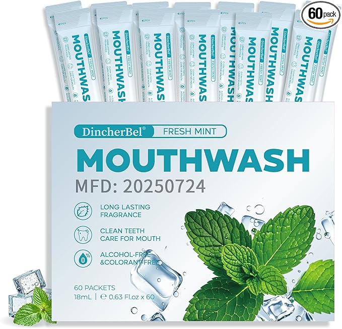 Travel-Size Alcohol &amp Fluoride Free Mint Mouthwash Packets 60 Individually Wrapped Portable Packs for Adults Fresh Breath Mint Flavored Mouthwash for Oral Hygiene 0.63 Fl Oz Each