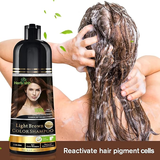 Herbishh Light Brown 3 in 1 Hair Dye Shampoo 500 ML + Travel Size Dye Shampoo pack of 10 30 ML Each - Champu Para Canas Muje