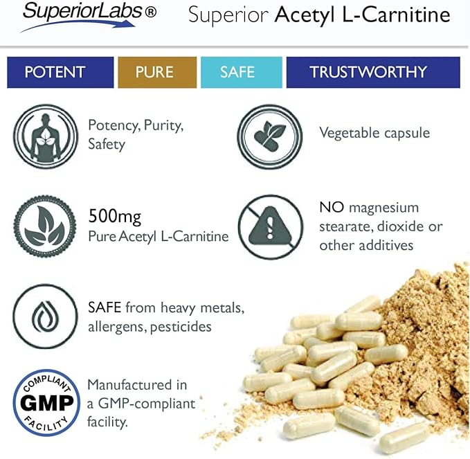 Superior Labs Acetyl L-Carnitine 500 mg High Potency ALCAR Pure Non-GMO Zero Synthetic Additives Maximum Absorption Energy &amp Fat Metabolism Brain Nerve &amp Cellular Detox Support (200 Ve
