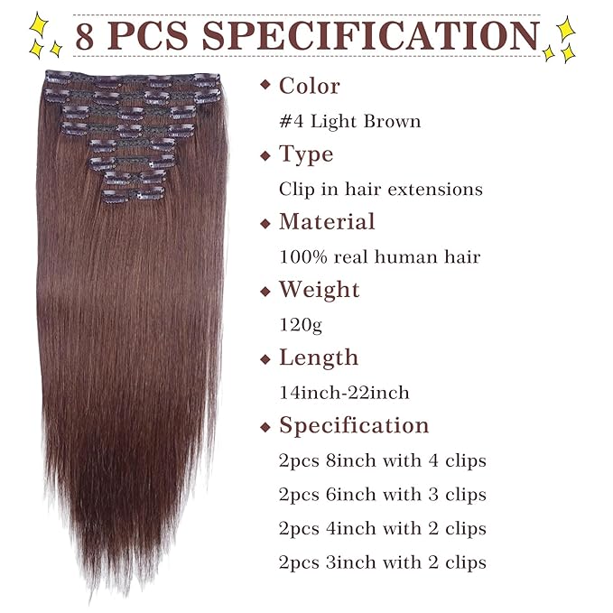 8PCS 120G Chocolate Brown Clip in Natural Soft Hair Extensions Real Human Hair(18 Inch #4)