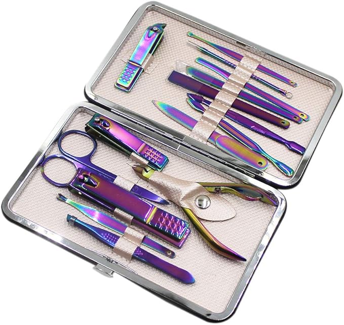 Professional Stainless Steel Chameleon Nail Clipper Travel &amp Grooming Kit Nail Tools Manicure &amp Pedicure Set of 15pcs with Luxurious Case(Purple)