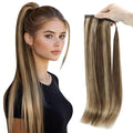 Full Shine Ponytail Extension Human Hair Dark Brown Ombre Honey Blonde Ponytail Clip in Hair Extensions Long Straight Pony Tail Hair Pieces For Women 20Inch 80g
