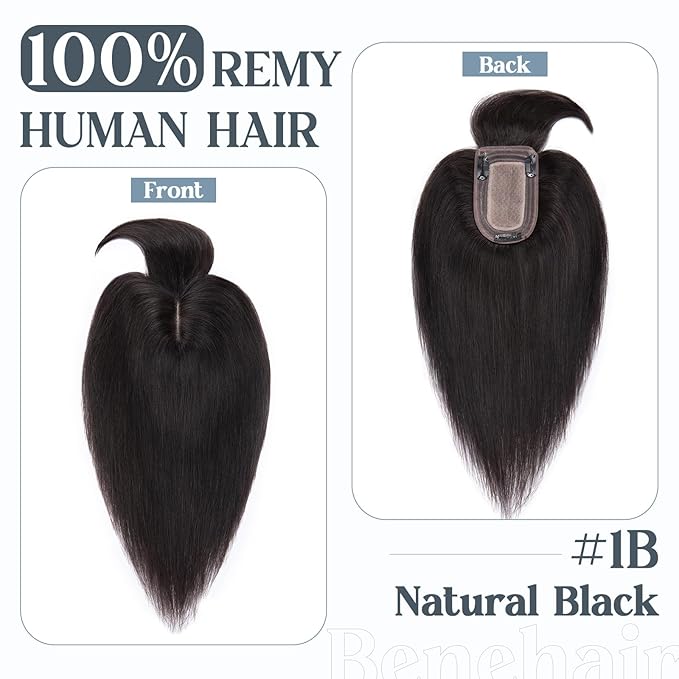 Benehair Hair Toppers for Women Real Human Hair With Bangs 150% Density 7 * 13 CM Silk Base Clip in Hair Pieces for Women 10 Inch #1B Natural Black