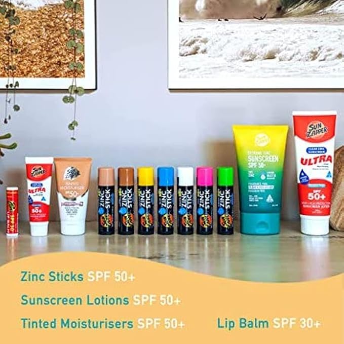 Sun Zapper Zinc Oxide Sunscreen Stick ? SPF 50+ Tinted 4-Pack (Pink Blue Green Yellow) ? Sunscreen Stick Zinc Sunscreen Water Resistant Broad Spectrum UVA/UVB Made in Australia